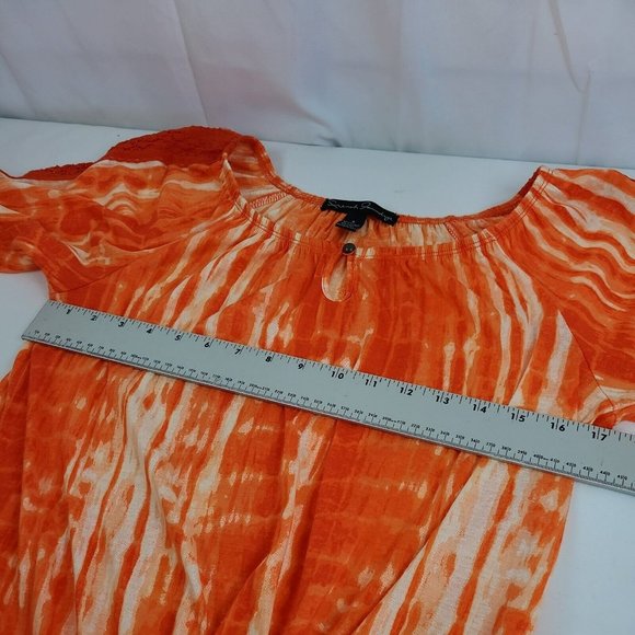 French Laundry Blouse Orange Tie Dye Front Tie Lace Accent Top 3/4 Sleeves Sz SM - Picture 6 of 9